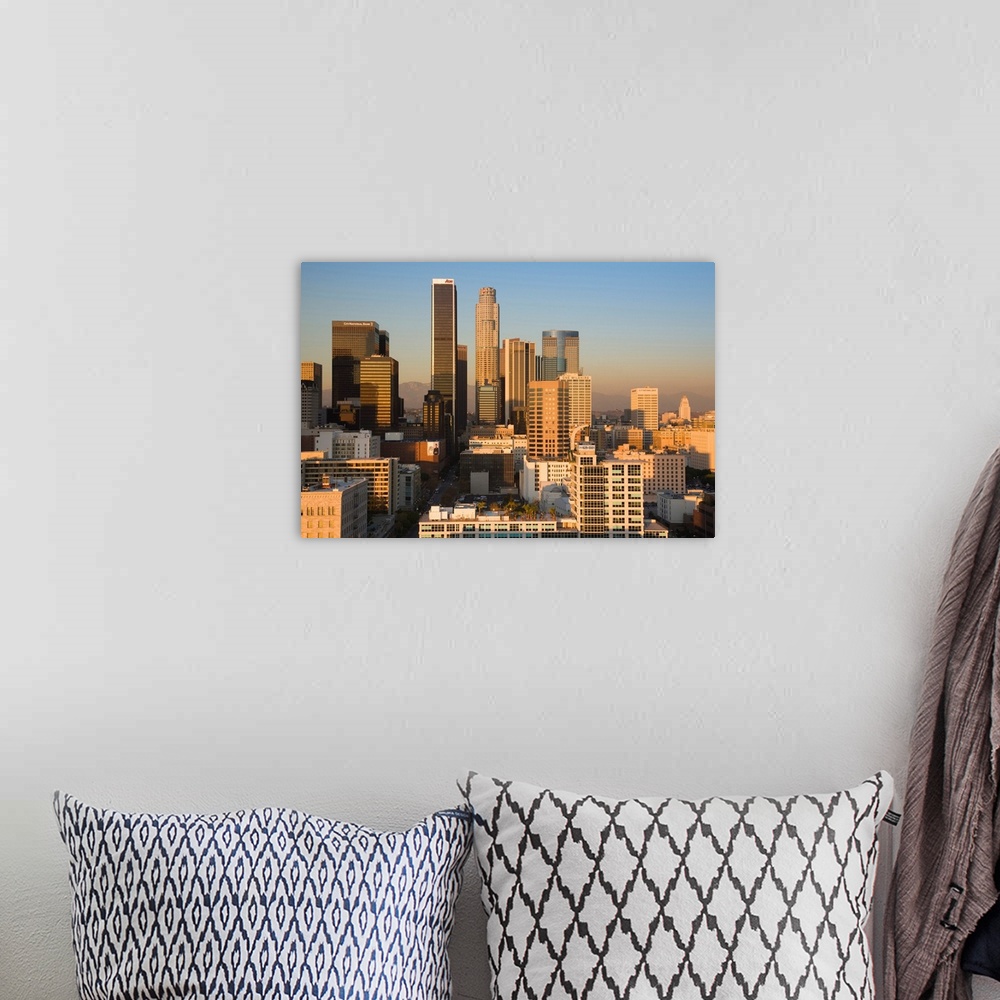 A bohemian room featuring USA, California, Los Angeles, aerial view of downtown from West 11th Street, sunset