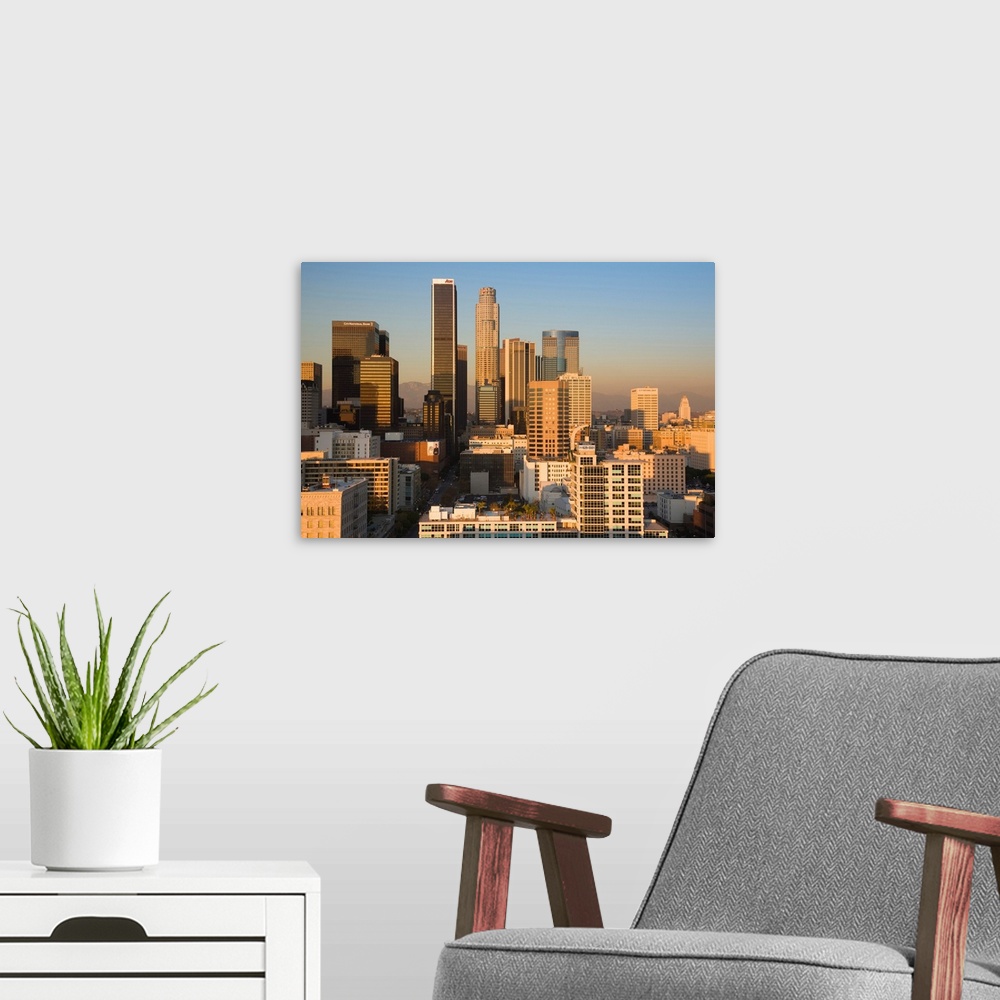 A modern room featuring USA, California, Los Angeles, aerial view of downtown from West 11th Street, sunset