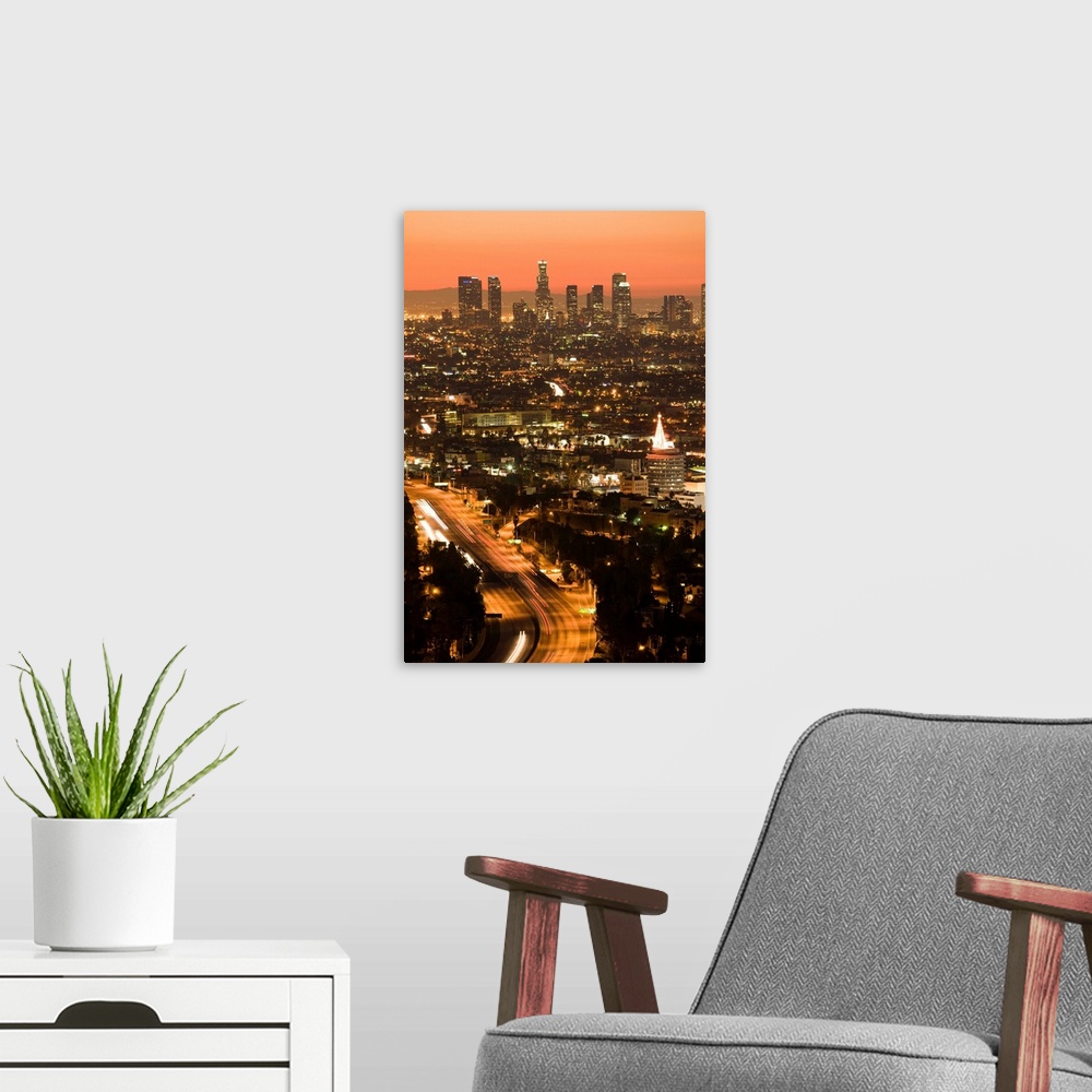 A modern room featuring USA, California, Los Angeles, Downtown and Hollywood Freeway 101 from Hollywood Bowl Overlook, dawn