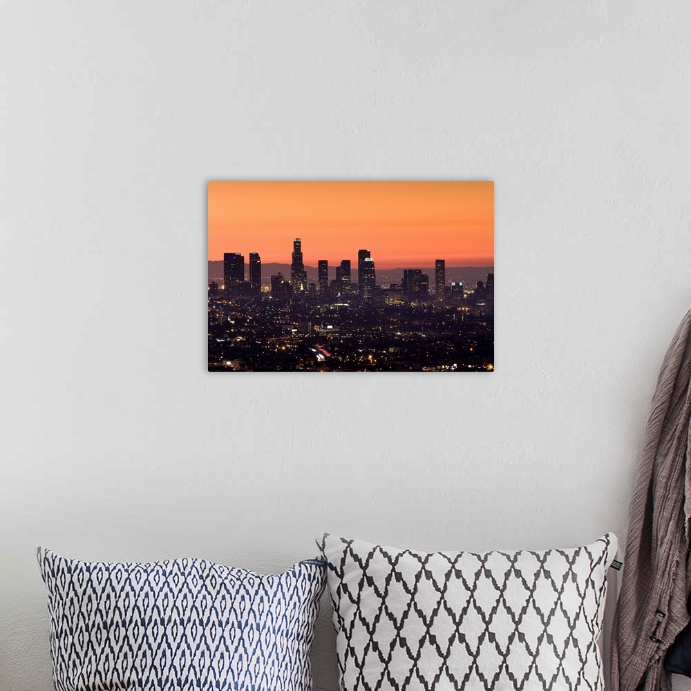 A bohemian room featuring USA, California, Los Angeles, Downtown from Hollywood Bowl Overlook, dawn