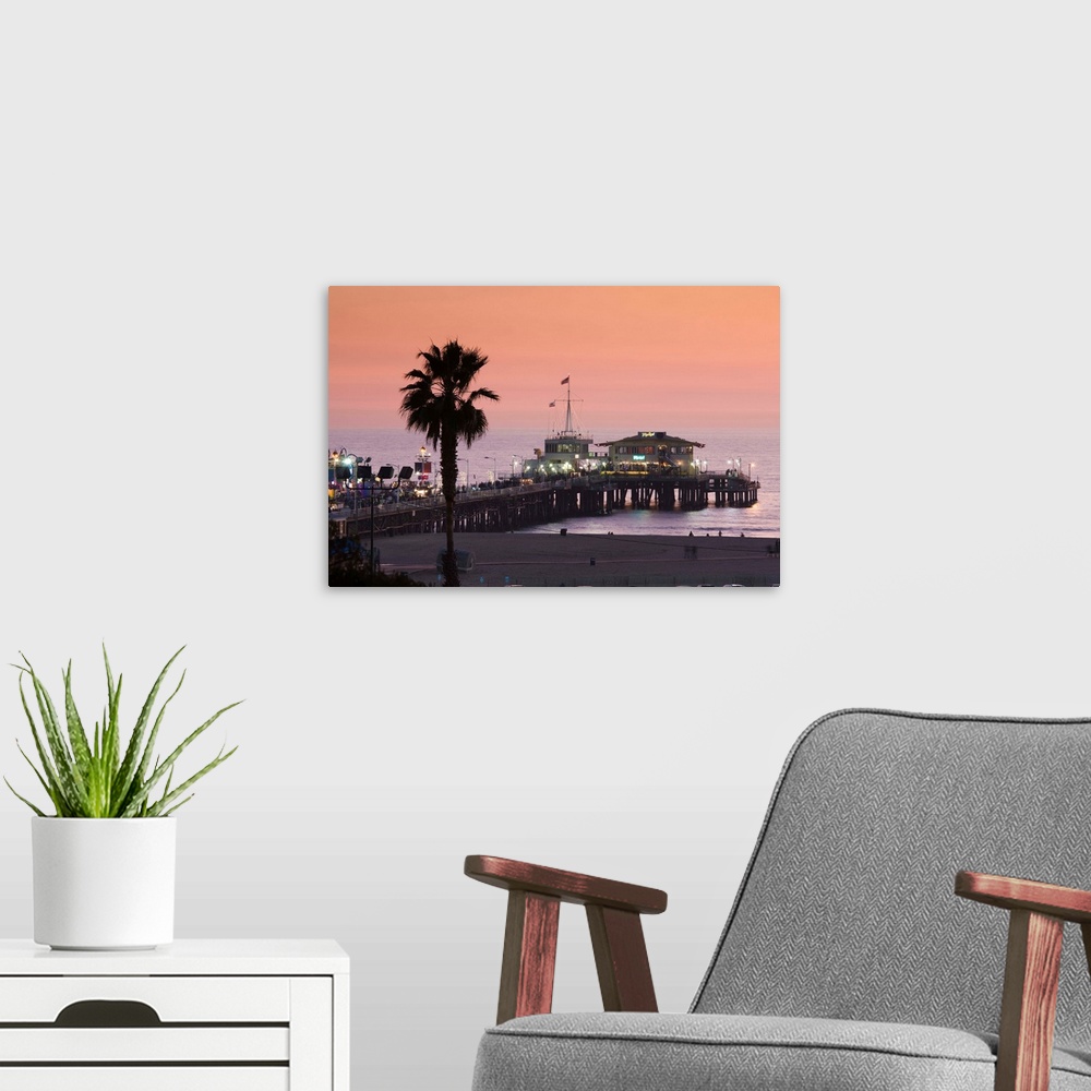 A modern room featuring USA, California, Los Angeles, Santa Monica, Santa Monica Pier, dusk