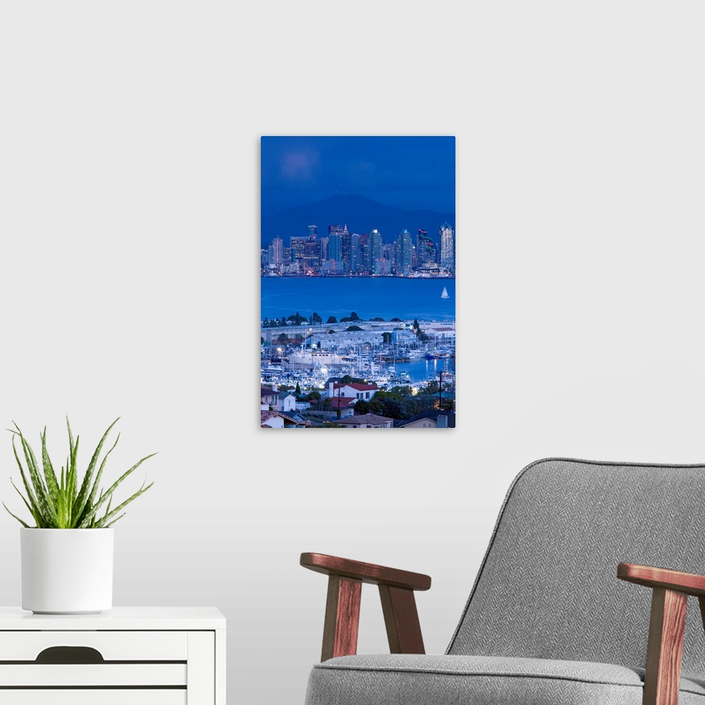 A modern room featuring USA, California, San Diego, City and Shelter Island Yacht Basin from Point Loma, dusk