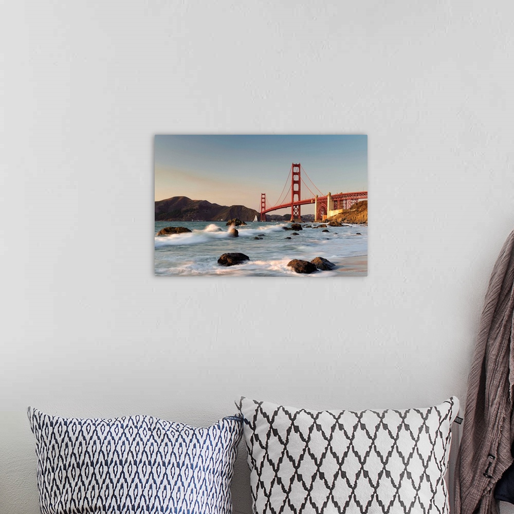A bohemian room featuring Usa, California, San Francisco, Baker's Beach and Golden Gate Bridge