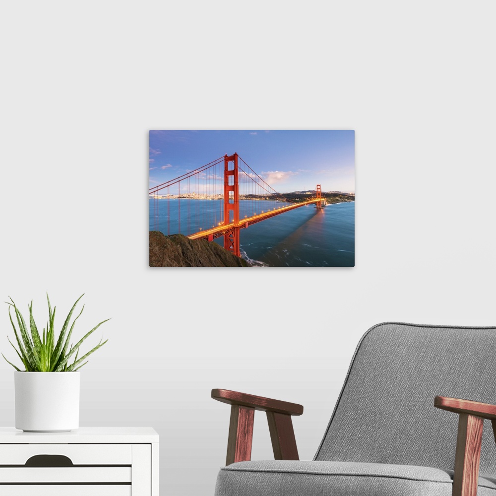 A modern room featuring North America, USA, America, California, San Francisco, Dusk over the Golden Gate bridge and San ...