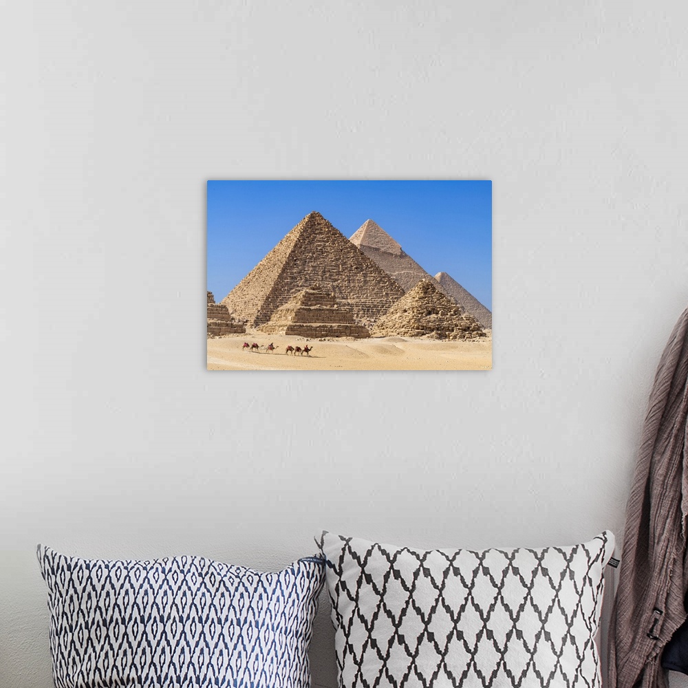 A bohemian room featuring Camel train at the Pyramids of Giza, Giza, Cairo, Egypt