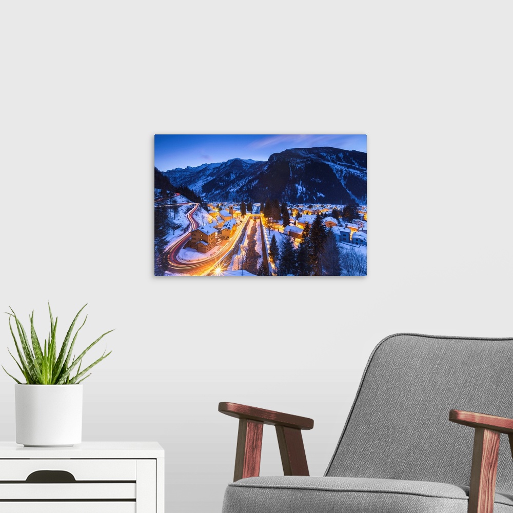 A modern room featuring Campodolcino Village Lights Up At Dusk After A Snowfall, Spluga Valley, Sondrio Province, Lombard...