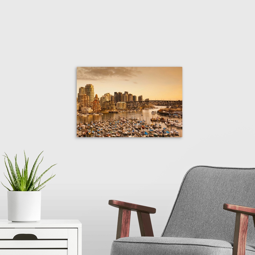 A modern room featuring Canada, British Columbia, Vancouver, Granville Island, elevated view, dusk