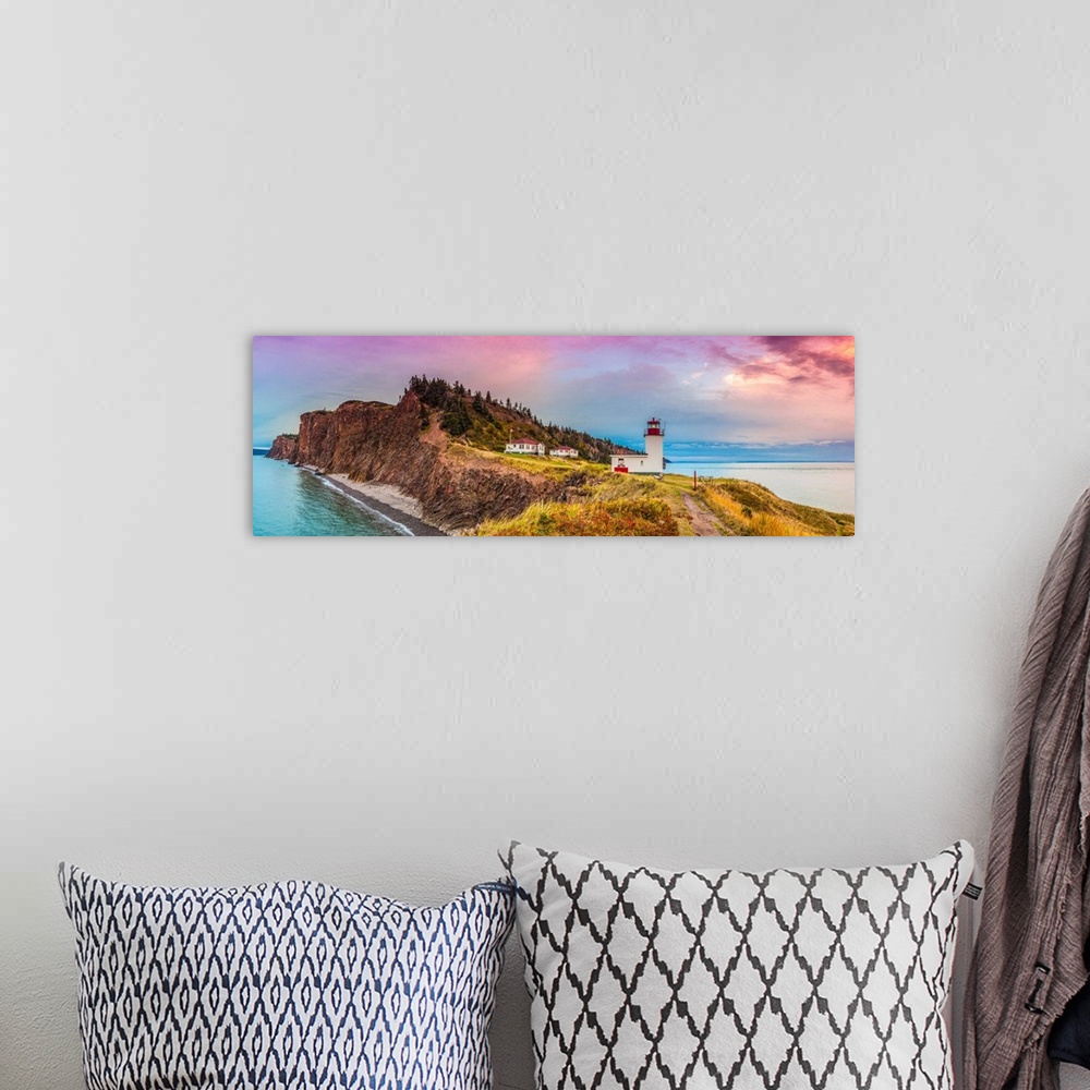 A bohemian room featuring Canada, Nova Scotia, Advocate Harbour, Cape D'or Lighthouse On The Bay Of Fundy, Dusk.