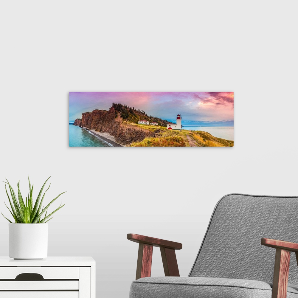 A modern room featuring Canada, Nova Scotia, Advocate Harbour, Cape D'or Lighthouse On The Bay Of Fundy, Dusk.