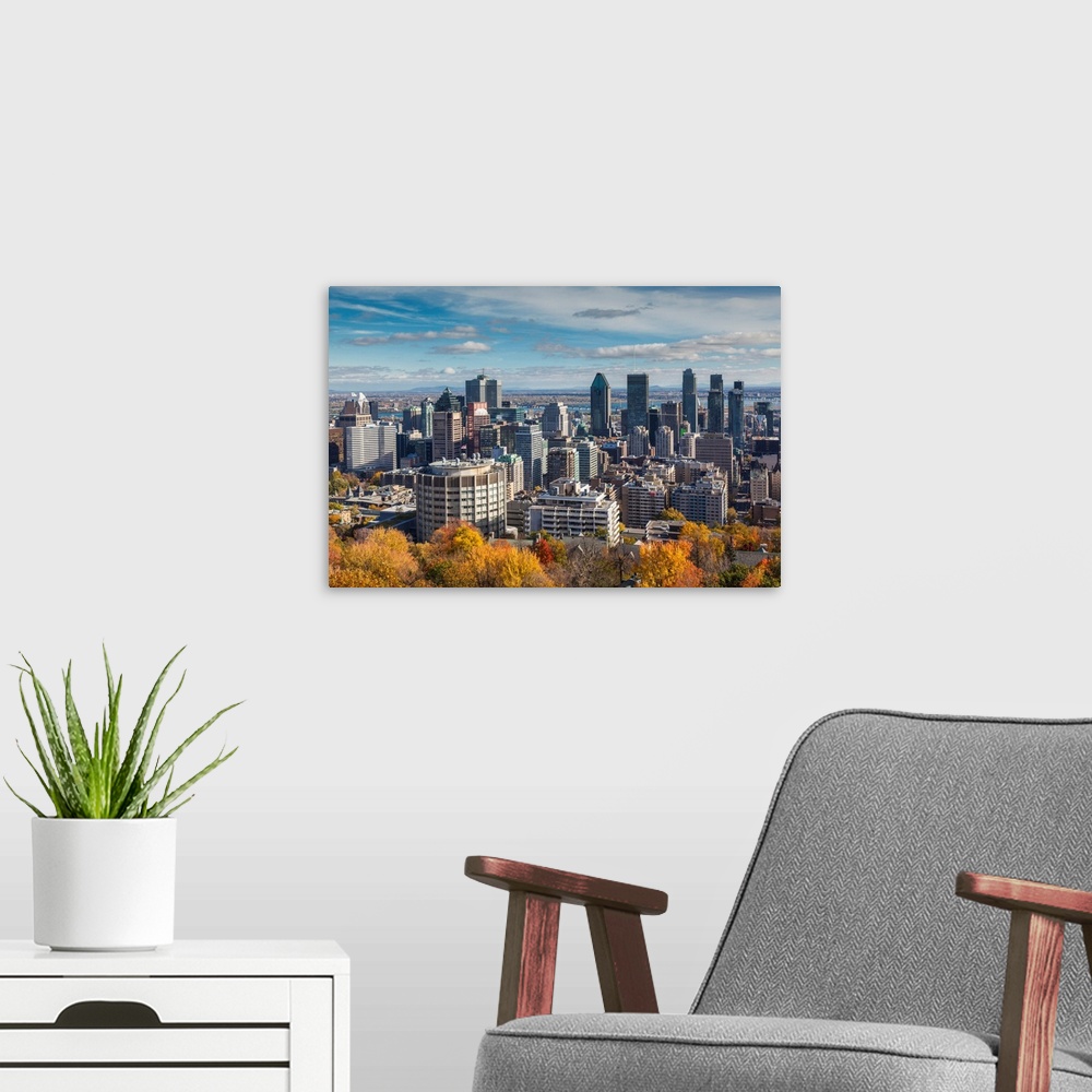 A modern room featuring Canada, Quebec, Montreal, Elevated City Skyline From Mount Royal, Autumn