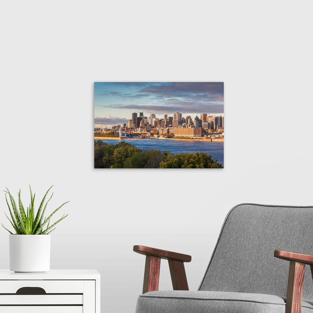 A modern room featuring Canada, Quebec, Montreal, Elevated City Skyline From The St. Lawrence River, Dawn