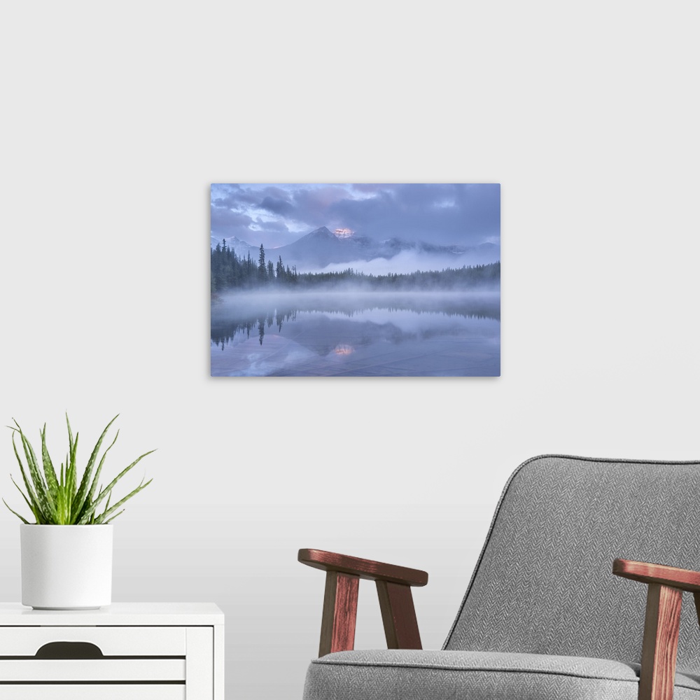 A modern room featuring Misty morning in the Canadian Rockies, Herbert Lake, Banff National Park, Alberta, Canada. Autumn...