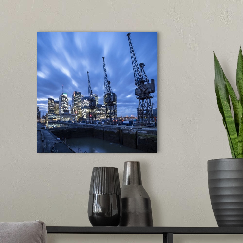 A modern room featuring Canary Wharf at dusk, London, UK