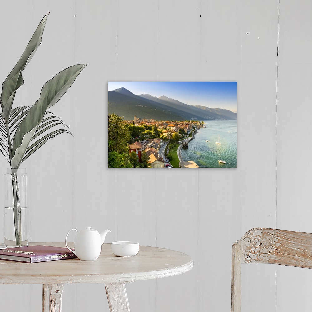 A farmhouse room featuring Cannobio, Verbano-Cusio-Ossola, Lake Maggiore, Piedmont, Italy. High angle view over the old town...