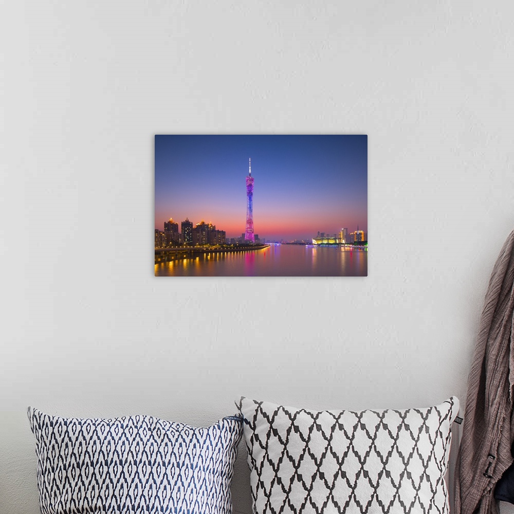 A bohemian room featuring Canton Tower at sunset, Tianhe, Guangzhou, Guangdong, China.