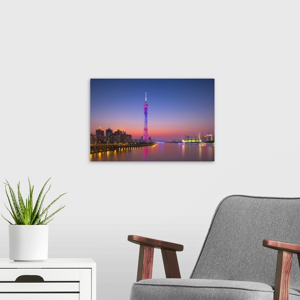 A modern room featuring Canton Tower at sunset, Tianhe, Guangzhou, Guangdong, China.