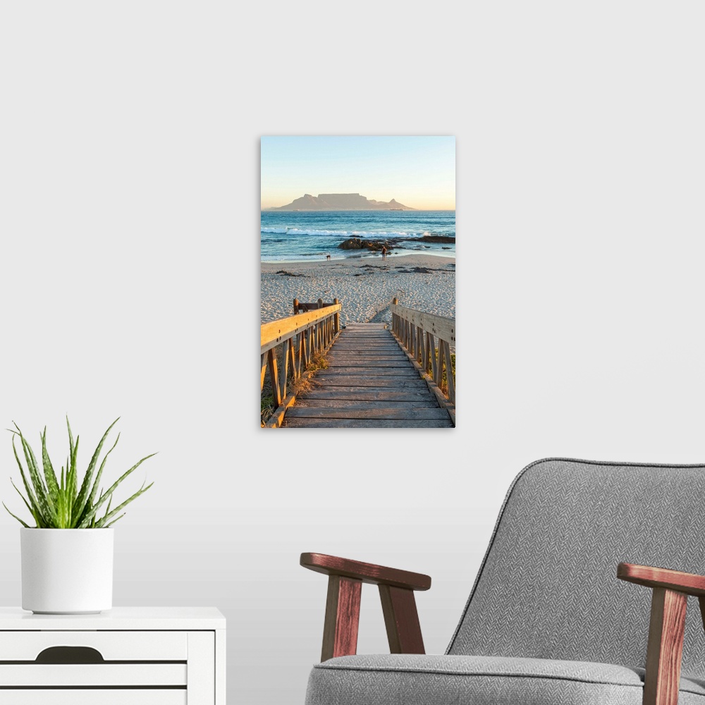 A modern room featuring Bloubergstrand beach with Table Mountain in background. Cape Town, Western Cape, South Africa.