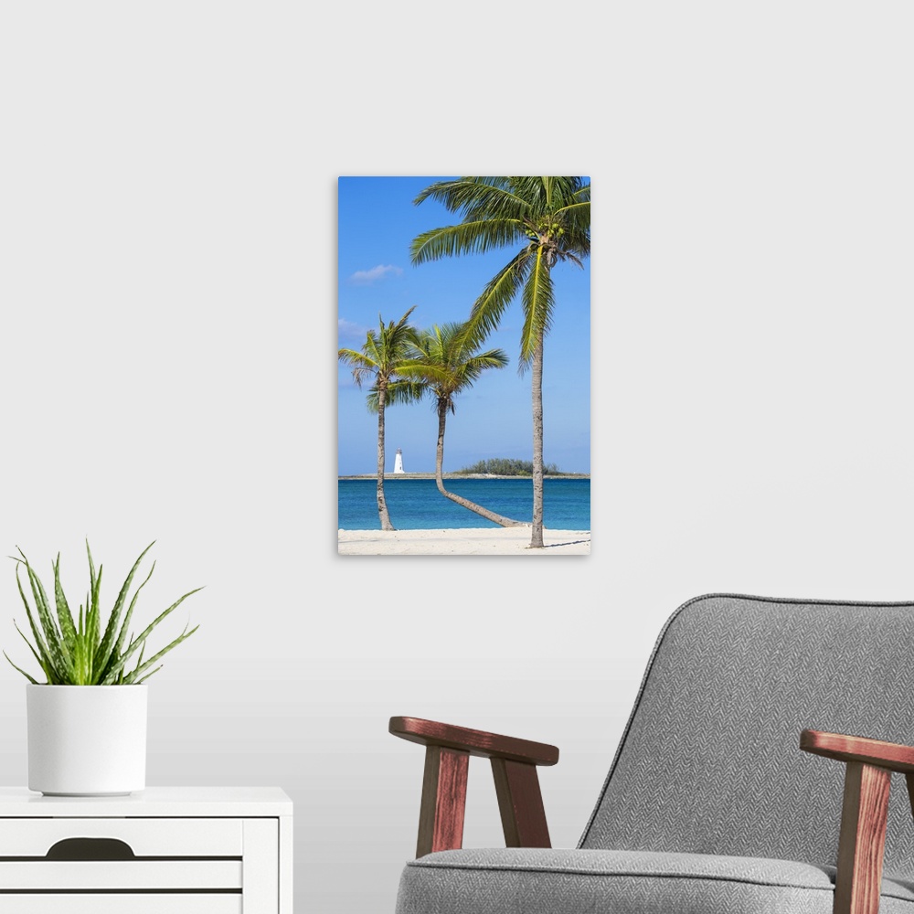 A modern room featuring Caribbean, Bahamas, Providence Island, Nassau, Palm trees on white sand beach with lighthouse in ...