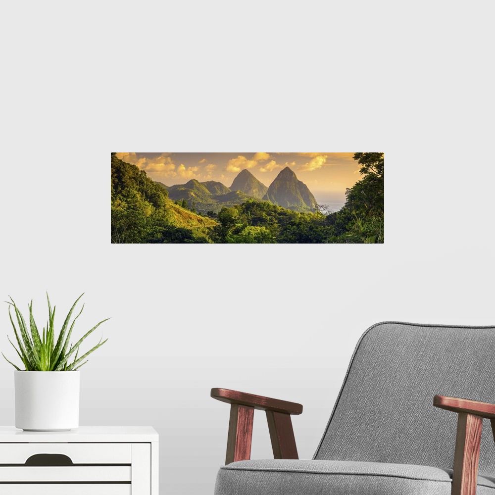 A modern room featuring Caribbean, St Lucia, Petit (near) and Gros Piton Mountains (UNESCO World Heritage Site)