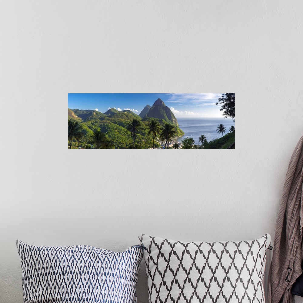 A bohemian room featuring Caribbean, St Lucia, Petit (near) and Gros Piton Mountains (UNESCO World Heritage Site) above tow...
