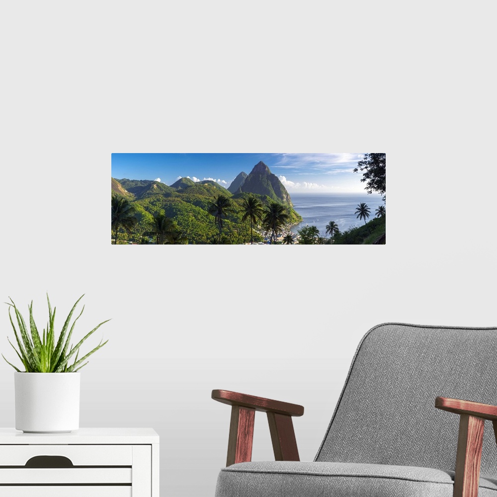 A modern room featuring Caribbean, St Lucia, Petit (near) and Gros Piton Mountains (UNESCO World Heritage Site) above tow...