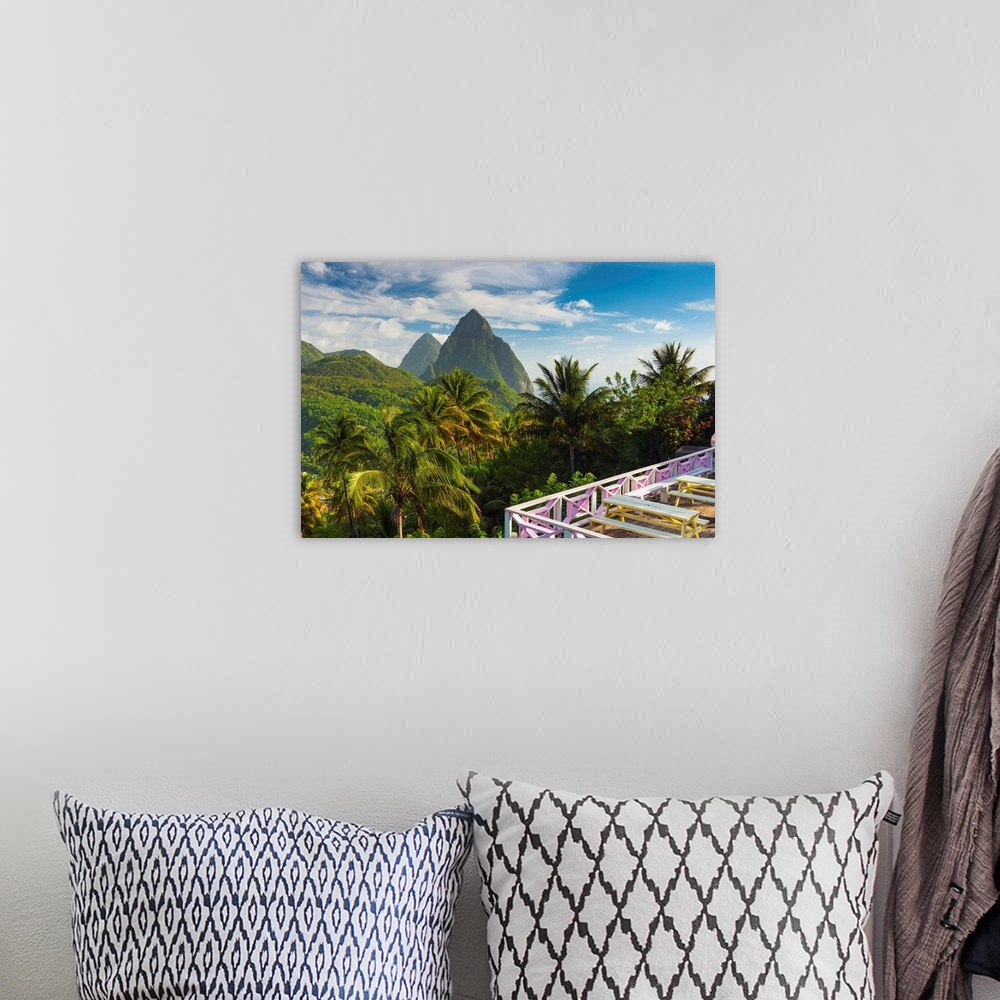 A bohemian room featuring Caribbean, St Lucia, Petit (near) and Gros Piton Mountains (UNESCO World Heritage Site) above tow...