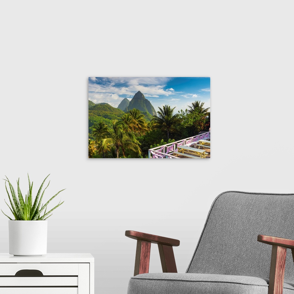 A modern room featuring Caribbean, St Lucia, Petit (near) and Gros Piton Mountains (UNESCO World Heritage Site) above tow...
