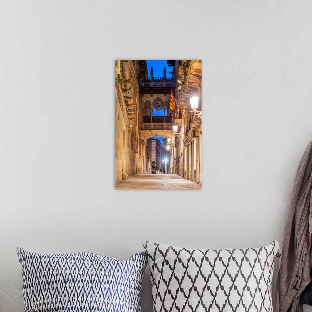 A bohemian room featuring Carrer del Bisbe street, Gothic Quarter, Barcelona, Catalonia, Spain.