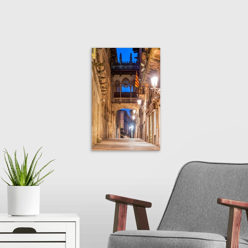 A modern room featuring Carrer del Bisbe street, Gothic Quarter, Barcelona, Catalonia, Spain.