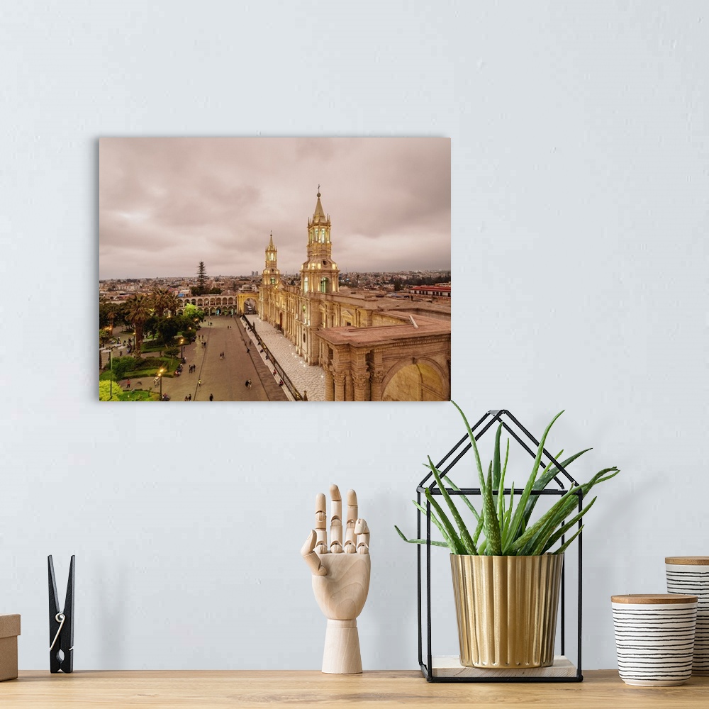 A bohemian room featuring Cathedral at twilight, Plaza de Armas, elevated view, Arequipa, Peru