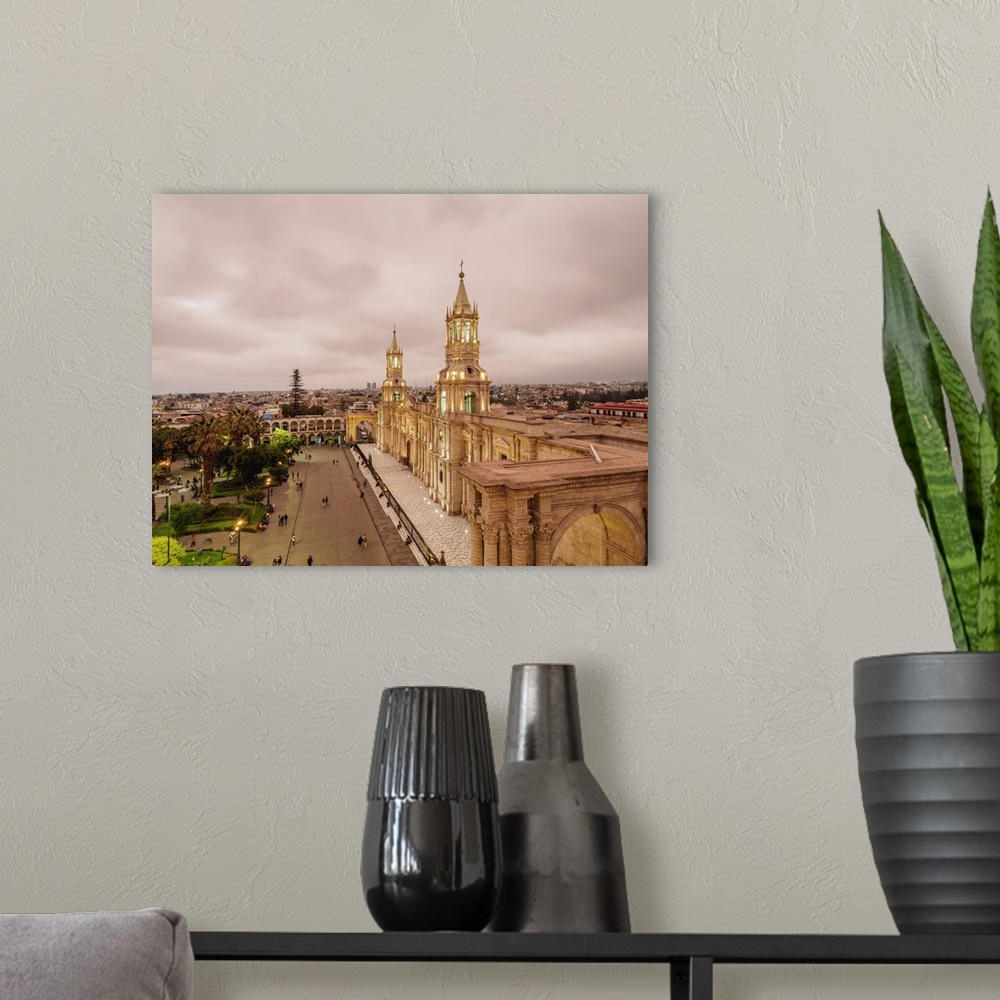 A modern room featuring Cathedral at twilight, Plaza de Armas, elevated view, Arequipa, Peru