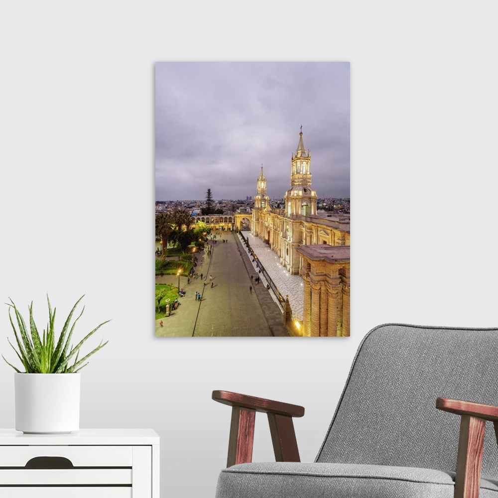 A modern room featuring Cathedral at twilight, Plaza de Armas, elevated view, Arequipa, Peru