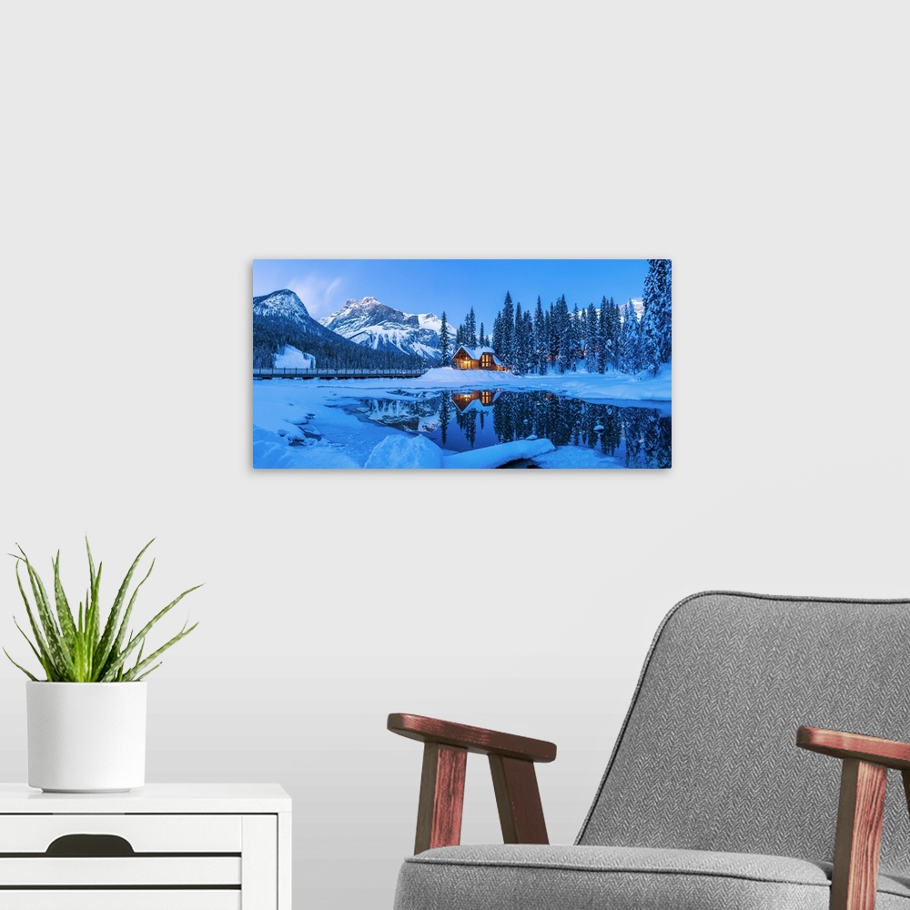 A modern room featuring Chalet in Winter, Emerald Lake, British Columbia, Canada.