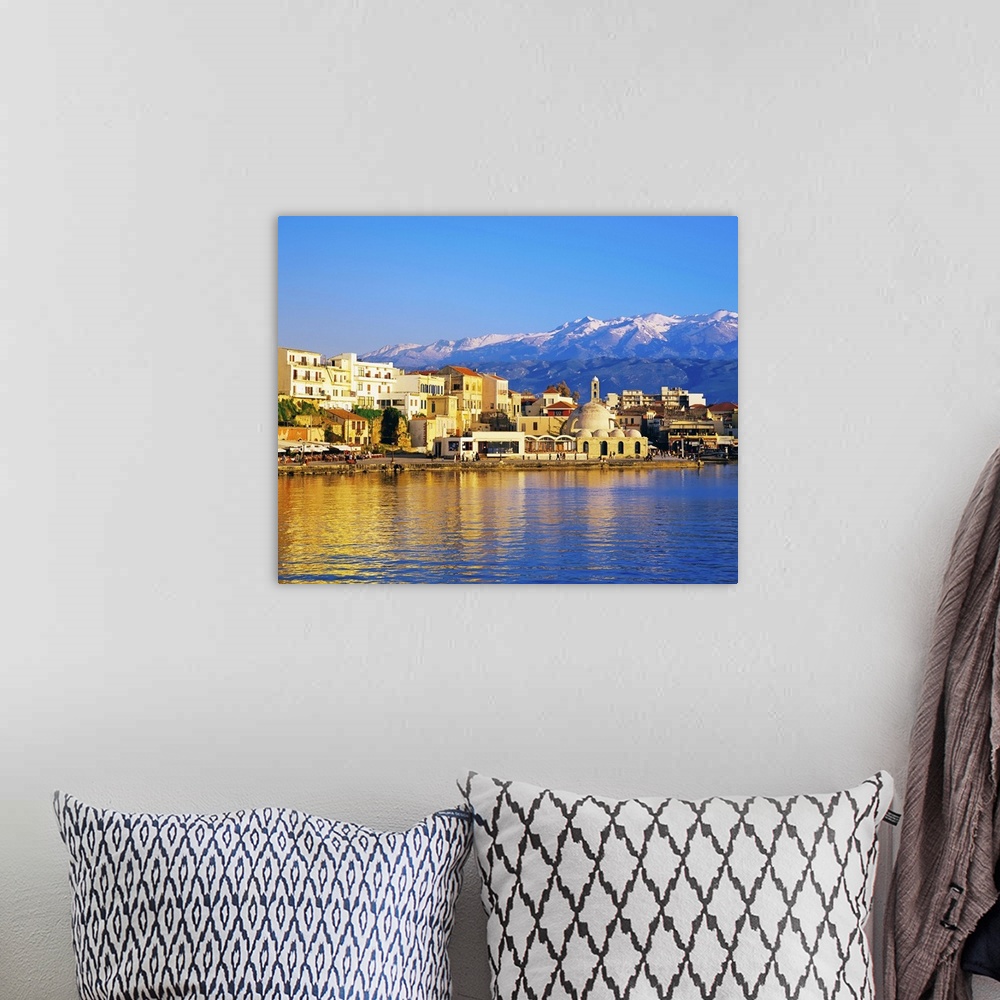 A bohemian room featuring Chania waterfront and mountains in background, Chania, Crete, Greece, Europe