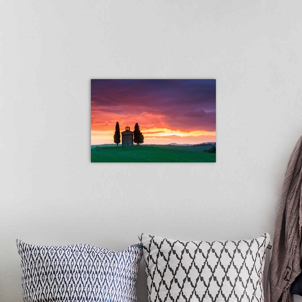 A bohemian room featuring Chapel Madonna Di Vitaleta At Sunset, Val d'Orcia, Tuscany, Italy