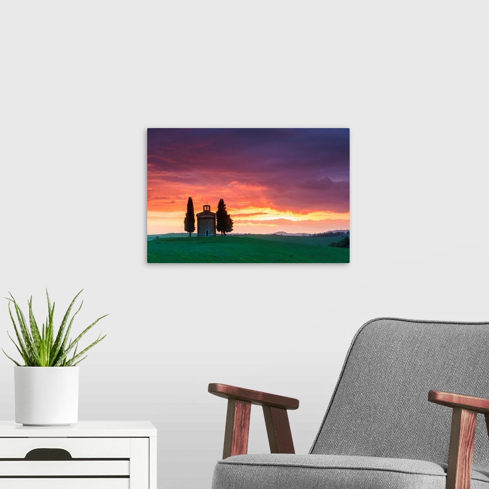 A modern room featuring Chapel Madonna Di Vitaleta At Sunset, Val d'Orcia, Tuscany, Italy