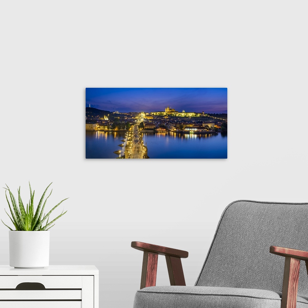 A modern room featuring Czech Republic, Prague. Charles Bridge and Prague Castle on the Vltava River at dusk, from Old To...