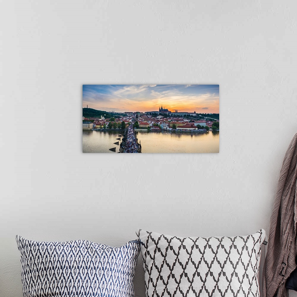 A bohemian room featuring Czech Republic, Prague. Charles Bridge and Prague Castle on the Vltava River at sunset, from Old ...
