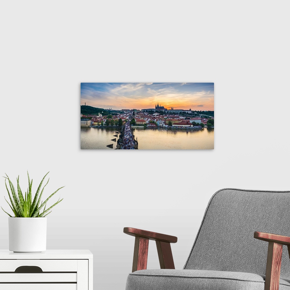 A modern room featuring Czech Republic, Prague. Charles Bridge and Prague Castle on the Vltava River at sunset, from Old ...