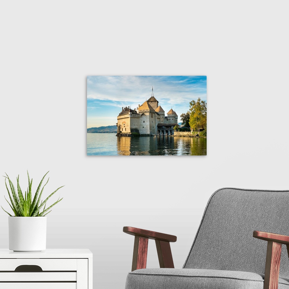 A modern room featuring Chateau de Chillon on the shores of Lake Geneva (French: Lac Leman), Veytaux, Vaud Canton, Switze...