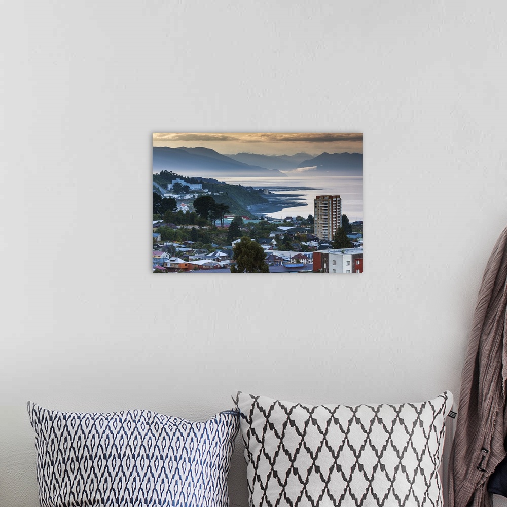 A bohemian room featuring Chile, Los Lagos Region, Puerto Montt, elevated town view, dawn