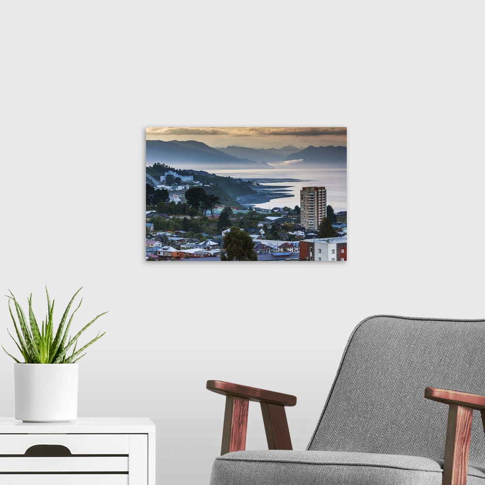 A modern room featuring Chile, Los Lagos Region, Puerto Montt, elevated town view, dawn