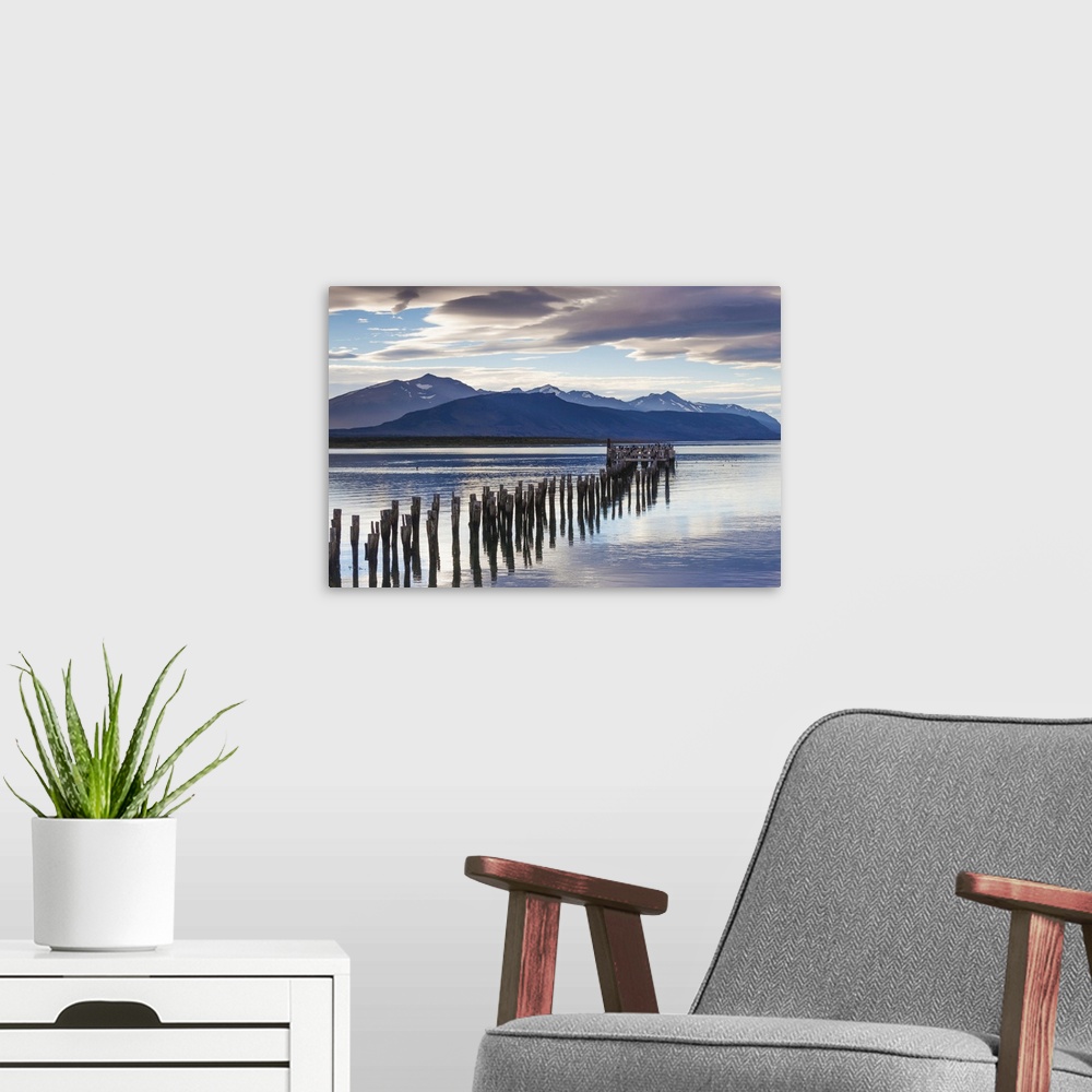 A modern room featuring Chile, Magallanes Region, Puerto Natales, Seno Ultima Esperanza bay, landscape
