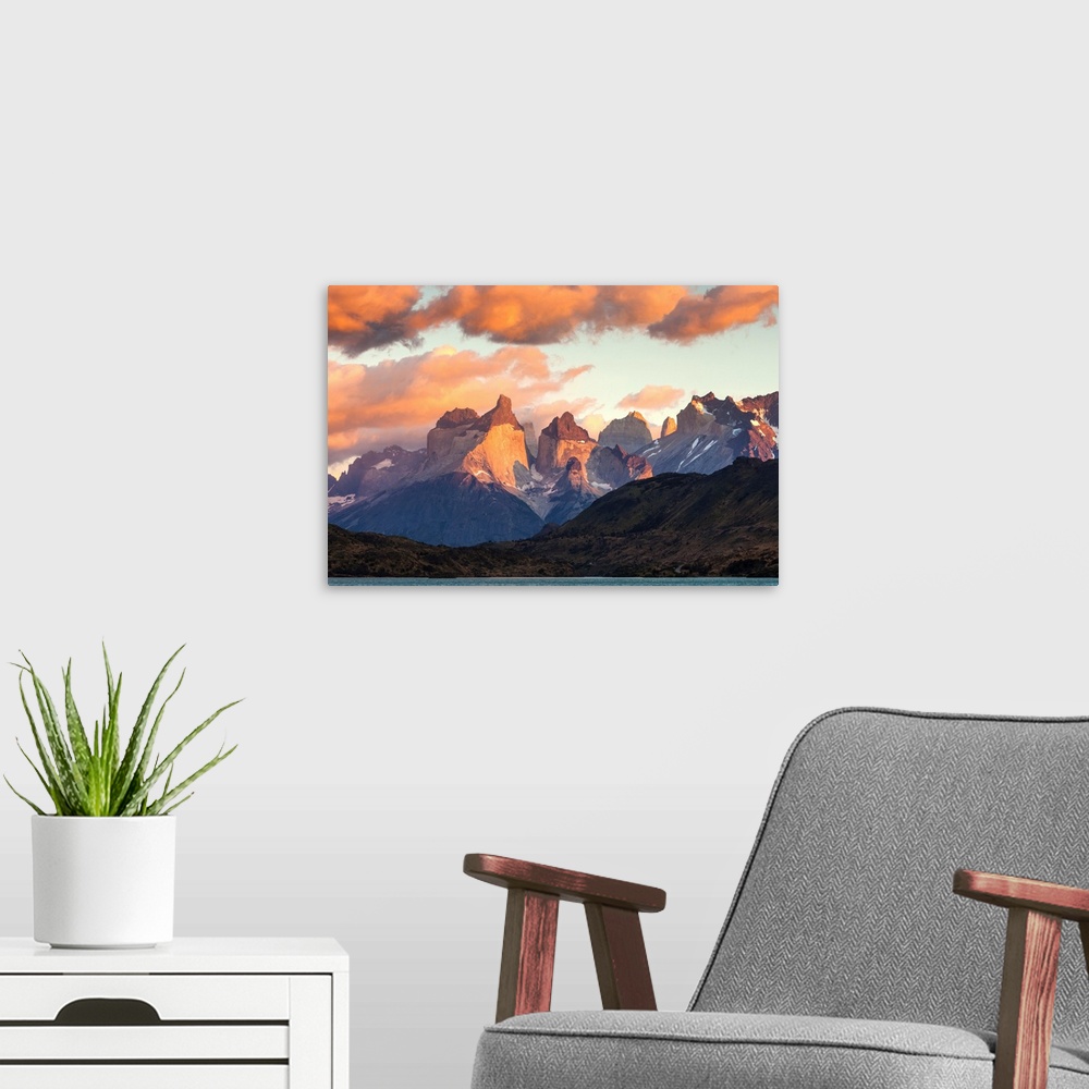 A modern room featuring Chile, Magallanes Region, Torres del Paine National Park, Lago Pehoe, dawn landscape