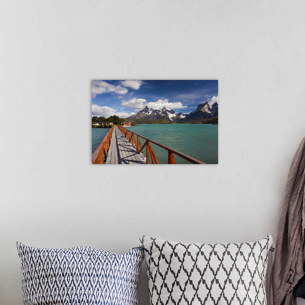 A bohemian room featuring Chile, Magallanes Region, Torres del Paine National Park, Lago Pehoe, footbridge