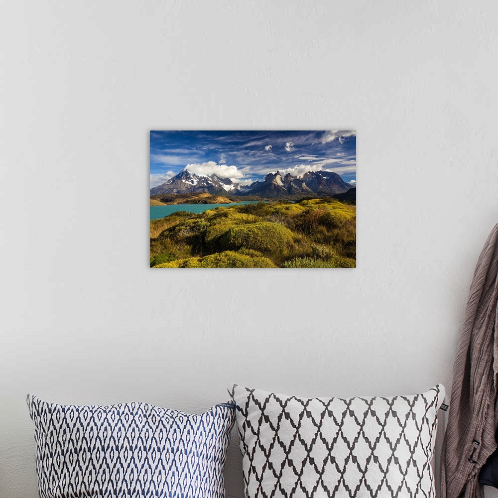 A bohemian room featuring Chile, Magallanes Region, Torres del Paine National Park, Lago Pehoe, morning landscape