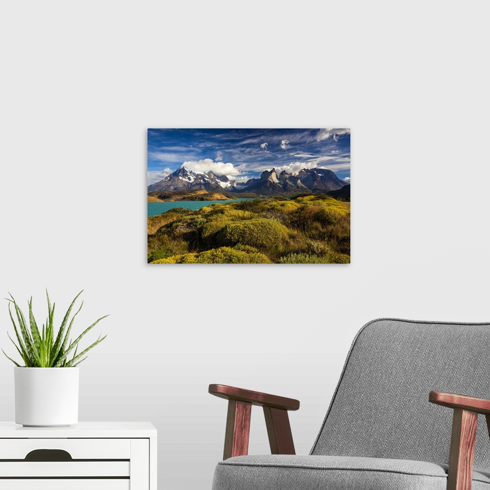 A modern room featuring Chile, Magallanes Region, Torres del Paine National Park, Lago Pehoe, morning landscape