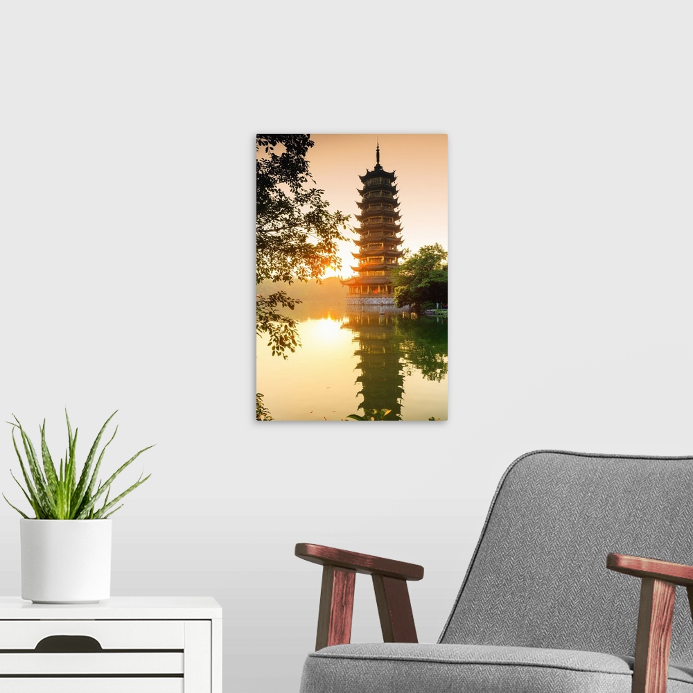 A modern room featuring China, Guangxi province, Guilin, Banyan Lake Pagodas.