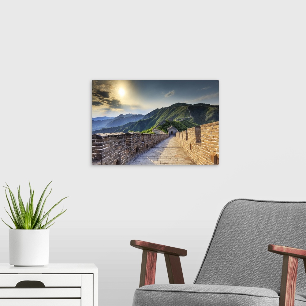 A modern room featuring China, Hebei province, Great wall of Mutianyu at sunset.
