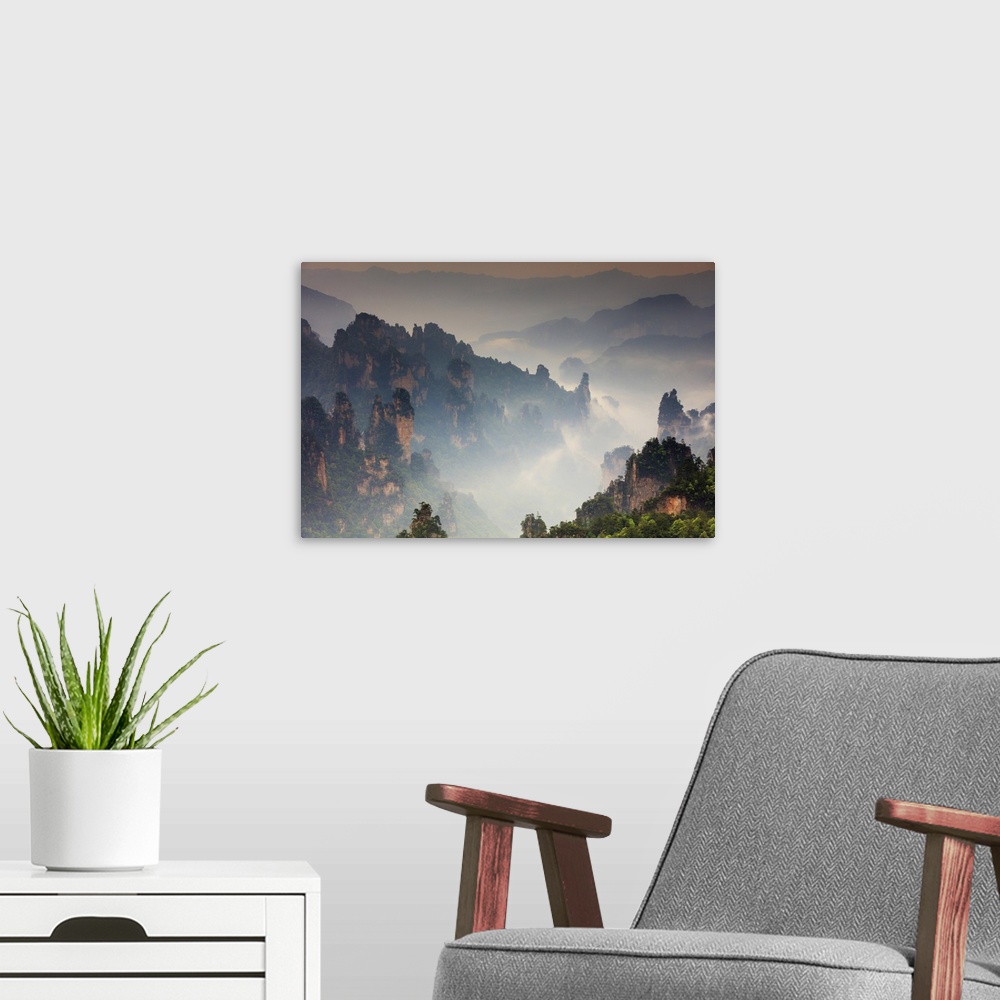 A modern room featuring China, Hunan, Zhangjiajie National Forest Park, also called the Halleluja mountains, the forest t...